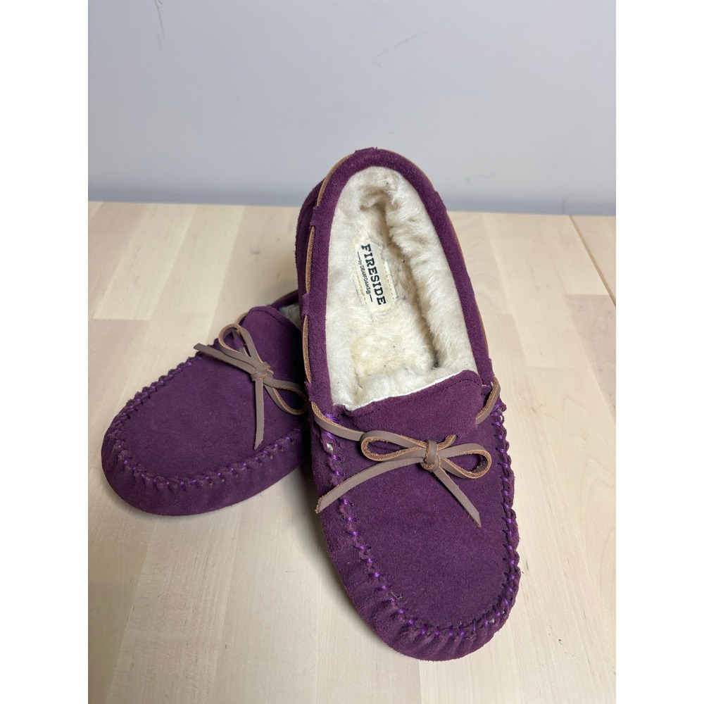 Fireside by Dearfoams Purple Suede Shearling Lined Moccasin Slippers Womens 8